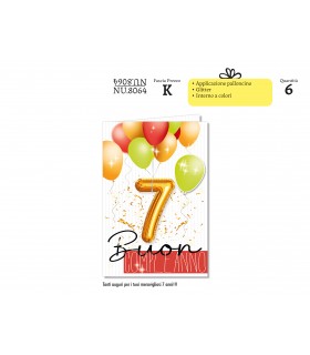 Biglietto CROMO COMPLEANNO 7 ANNI CON APPLICAZIONI E GLITTER CONF. 6 PZ.