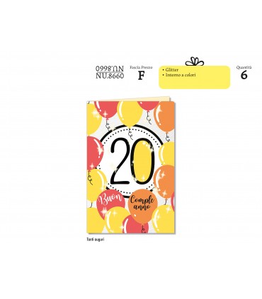 Biglietto CROMO COMPLEANNO 20 ANNI CON GLITTER CONF. 6 PZ.