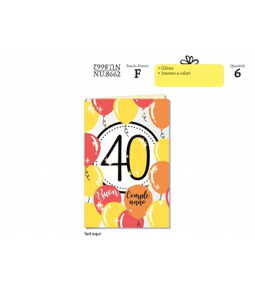 Biglietto CROMO COMPLEANNO 40 ANNI CON GLITTER CONF. 6 PZ.