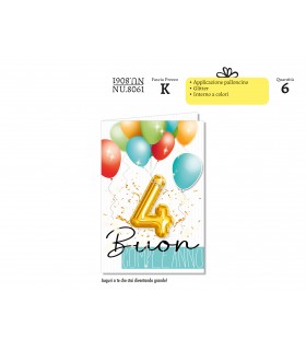 BIGLIETTO CROMO COMPLEANNIO BIMBI 4 ANNI CON GLITTER CONF. 6 PZ. ASSORTITI