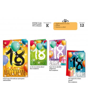 BIGLIETTO CROMO COMPLEANNIO 18 ANNI CONF. 12 PZ. ASSORTITI