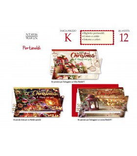 Biglietto DI NATALE CROMO PORTASOLDI E INTERNO A COLORI conf. 12 pz. assortiti