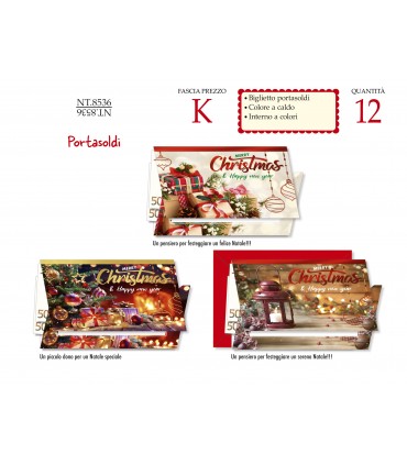 Biglietto DI NATALE CROMO PORTASOLDI E INTERNO A COLORI conf. 12 pz. assortiti