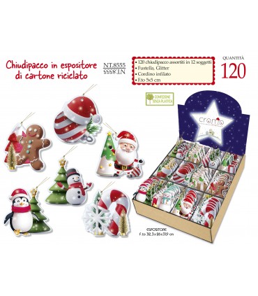CHIUDIPACCO fotografici di NATALE CROMO CON GLITTER  in EXPO IN CARTONE RICICLATO DA 120 PZ. ASSortito in  12 soggetti