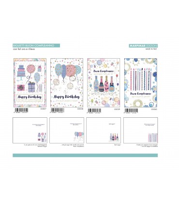 Biglietto Marpimar COMPLEANNO CON FOIL ORO E RILIEVO conf. 12 pz. assortiti
