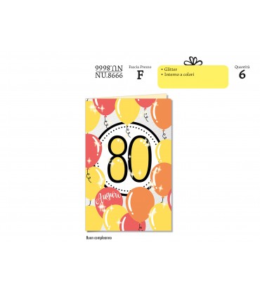 Biglietto CROMO COMPLEANNO 80 ANNI CON GLITTER CONF. 6 PZ.
