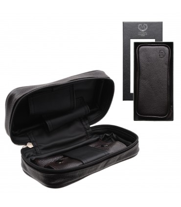 Borsa Porta Pipe Myon 2 Posti in vera pelle con Bustina Porta Tabacco Morbida colore Nero