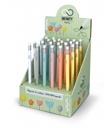 MATITA CON GOMMA LEBEZ INFINITY con punta di grafite ,Di lunga durata,senza necessità di essere temperata EXPO DA 24 PZ.