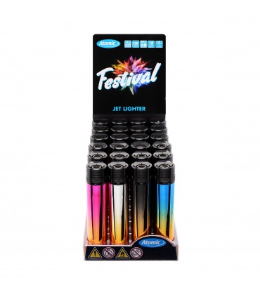 Accendino ELETTRONICO Atomic Festival TURBO JETFLAME Mod. TONE conf. 24 pz. assortito con 4 grafiche