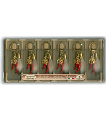 Corno Portafortuna Con Pelo di tasso e Ferro di Cavallo In Metallo Artigianale e Smaltato a Mano Cartella da 6 pz.