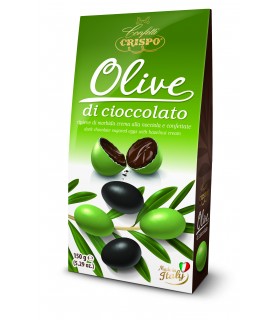 OLIVE CONFETTATE DI CIOCCOLATO FONDENTE CRISPO NERE E VERDI RIPIENE DI CREMA ALLA NOCCIOLA ASTUCCIO DA 150GR