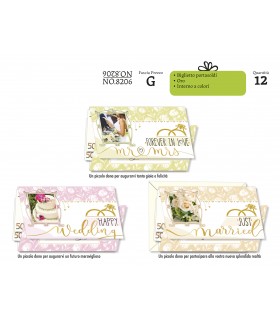 Biglietto CROMO NOZZE PORTASOLDI CON LAVORAZIONI IN ORO CONF. 12 PZ. ASSORTITI