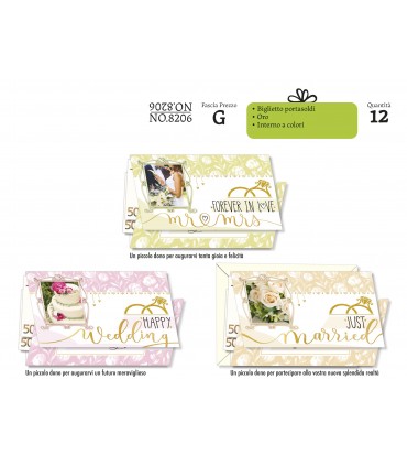 Biglietto CROMO NOZZE PORTASOLDI CON LAVORAZIONI IN ORO CONF. 12 PZ. ASSORTITI