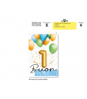 Biglietto CROMO COMPLEANNO 1 ANNO CON APPLICAZIONI AZZURRA CONF. 6 PZ.