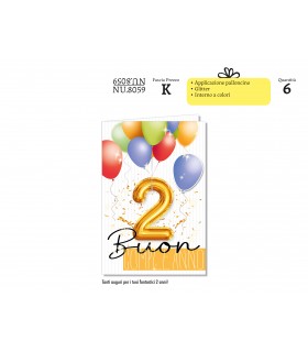 BIGLIETTO CROMO COMPLEANNIO BIMBI 2 ANNI CON GLITTER CONF. 6 PZ. ASSORTITI