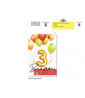 BIGLIETTO CROMO COMPLEANNIO BIMBI 3 ANNI CON GLITTER CONF. 6 PZ. ASSORTITI