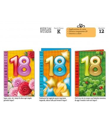 BIGLIETTO CROMO COMPLEANNIO 18 ANNI CONF. 12 PZ. ASSORTITI