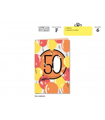 Biglietto CROMO COMPLEANNO 50 ANNI CON GLITTER CONF. 6 PZ.