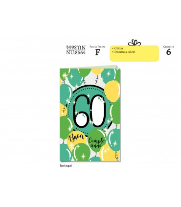 Biglietto CROMO COMPLEANNO 60 ANNI CON GLITTER CONF. 6 PZ.