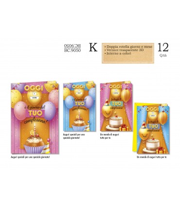 Biglietto CROMO COMPLEANNO BAMBINI CON ROTELLA GIORNO/MESE E VERNICE IN 3D  CONF. 12 PZ. ASSORTITI