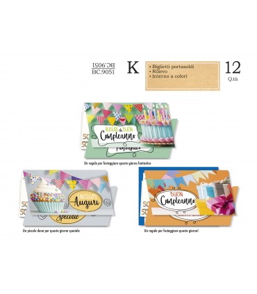 Biglietto CROMO COMPLEANNO BAMBINI PORTASOLDI CON RILIEVO CONF. 12 PZ. ASSORTITI
