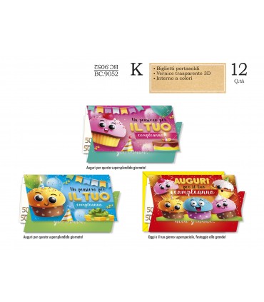 Biglietto CROMO COMPLEANNO BAMBINI PORTASOLDI CON RILIEVO  CONF. 12 PZ. ASSORTITI