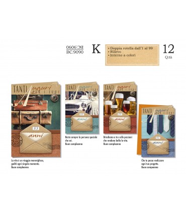 Biglietto CROMO COMPLEANNO MASCHILE DOPPIA ROTELLA DALL'1 AL 99 CONF. 12 PZ. ASSORTITI
