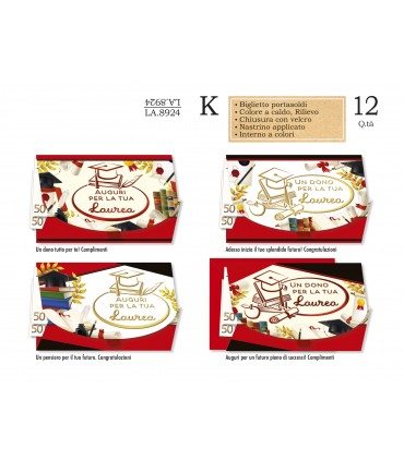 Biglietto CROMO LAUREA PORTASOLDI GLITTER ROSSO CONF. 12 PZ. ASSORTITI