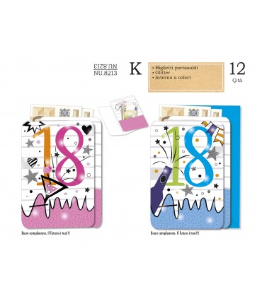 Biglietti CROMO BUON COMPLEANNO 18 ANNI PORTASOLDI CONF. 12 pz.