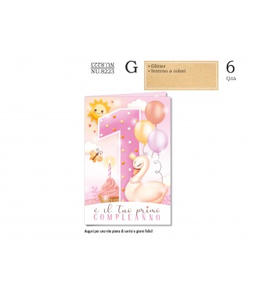 Biglietti CROMO BUON COMPLEANNO BAMBINA 1 ANNO CONF. 6 pz.