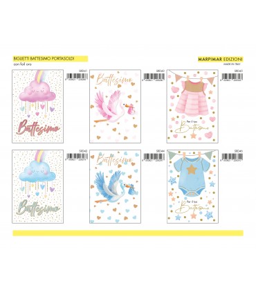 Biglietto Marpimar BATTESIMO PORTASOLDI CON FOIL ORO CONF. 12 PZ. ASSORTITI con 6 modelli