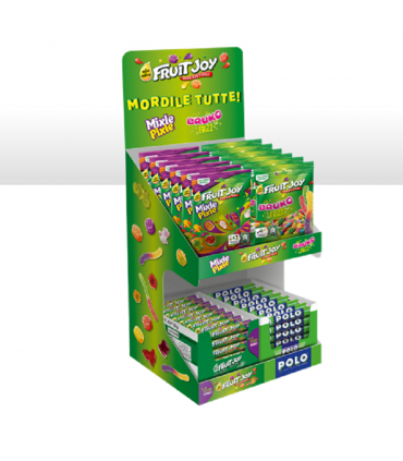 FRUIT JOY ESPOSITORE DA BANCO QUADRIETTO COMPOSTO DA 1BOX MIXLE PIXLE 1BOX BRUKO FRIZZ UNA POLO E UNA FRUIT JOY STICK 128 PZ