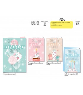Biglietto CROMO BUON COMPLEANNO FEMMINILE DOPPIA ROTELLA GIORNO E MESE CONF. 12 PZ. ASSORTITI