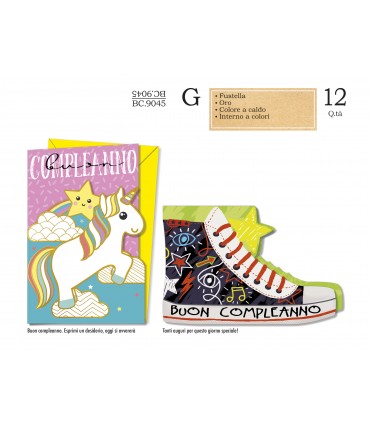 Biglietto CROMO COMPLEANNO bambini con fustella e lavorazioni in oro CONF. 12 PZ. ASSORTITI