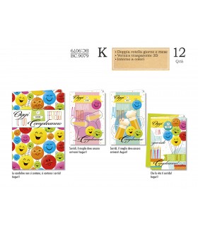 Biglietto CROMO COMPLEANNO EMOTICON CON ROTELLA GIORNO/MESE CONF. 12 PZ. ASSORTITI