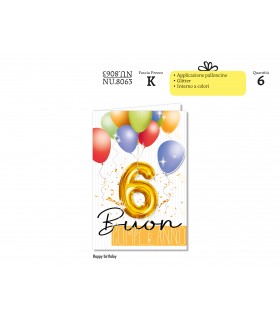 Biglietto CROMO COMPLEANNO 6 ANNI CON APPLICAZIONI E GLITTER CONF. 6 PZ.