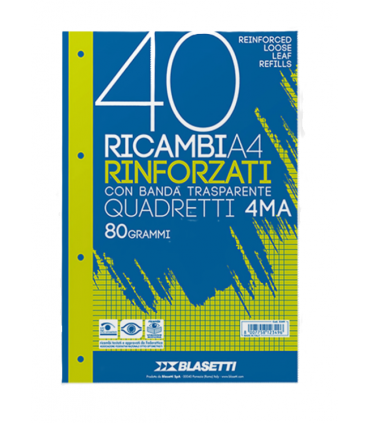 Ricambi Rinforzati Blasetti A4 con banda trasparente quadretti 4mm gr.80 fogli 40