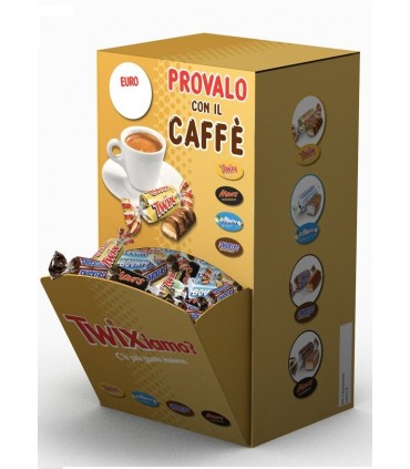 MINISMINIATURES BOUNTY-MARS-TWIX-SNICKERS 10G IN EXPO A BOCCA DI LUPO DA 100PZ. ASSORTITO