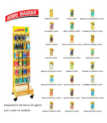 ESPOSITORE DA TERRA IN METALLO CON RUOTE Arbre Magique 24 GANCI PROFUMAZIONI ASSORTITE COME IN FOTO PER UN TOTALE DI 744PZ