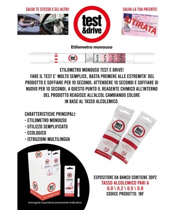 ETILOMETRO MONOUSO CON TASSO ALCOLEMICO PARI A 0,0/0,2/0,5/0,8 EXPO DA BANCO CON 30 PZ.
