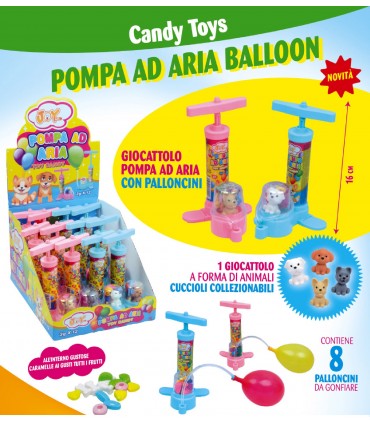 POMPA AD ARIA BALLOON GIOCATTOLO CON 8 PALLONCINI DA GONFIARE ALL'INTERNO CARAMELLE ASSORTITE CONF.12PZ X 3GR