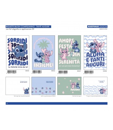 BIGLIETTO MARPIMAR BUON COMPLEANNO STITCH CON FOIL E APPLICAZIONI IN 3D CONF. 12 PZ. ASSORTITI