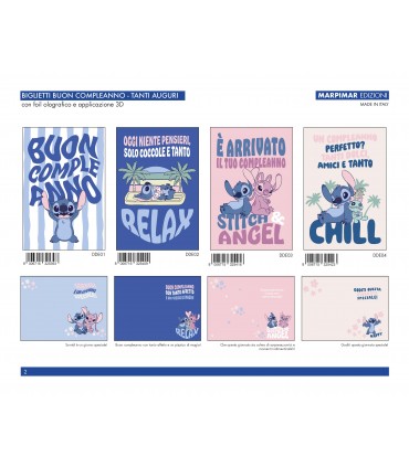 BIGLIETTO MARPIMAR BUON COMPLEANNO STITCH & ANGEL CON FOIL E APPLICAZIONI IN 3D CONF. 12 PZ. ASSORTITI