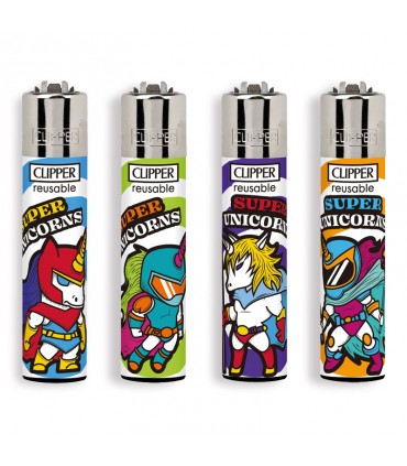 accendino Clipper large SUPER UNICORNS conf. 48 pz. assortiti IN 4 GRAFICHE
