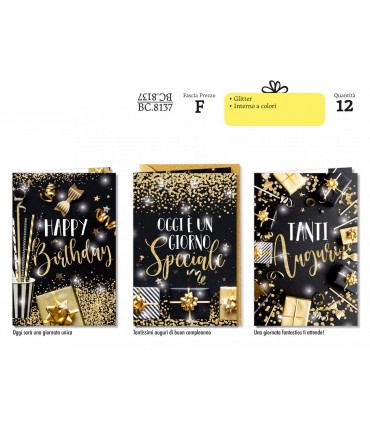 Biglietto CROMO BUON COMPLEANNO con glitter CONF. 12 PZ. ASSORTITI
