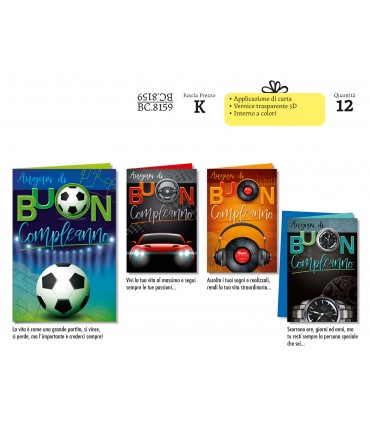Biglietto CROMO COMPLEANNO maschile con applicazioni in carta CONF. 12 PZ. ASSORTITI