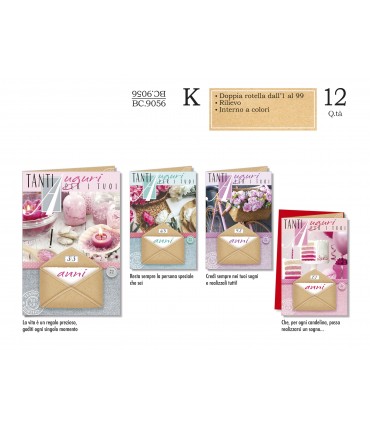 Biglietto CROMO COMPLEANNO FEMMINILE DOPPIA ROTTELLA ANNI  CONF. 12 PZ. ASSORTITI