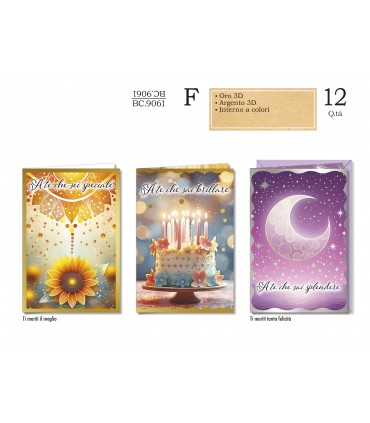 Biglietto CROMO COMPLEANNO FEMMINILE LAVORAZIONE ORO/ARGENTO IN 3D  CONF. 12 PZ. ASSORTITI