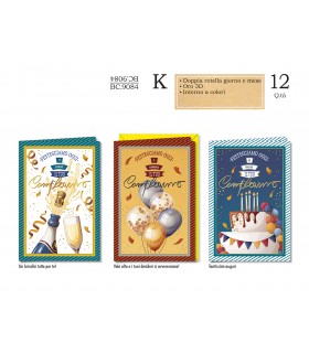 Biglietto CROMO COMPLEANNO MASCHILI CON ROTELLA GIORNO/MESE CONF. 12 PZ. ASSORTITI