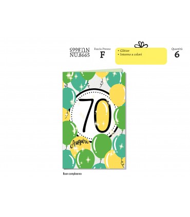 Biglietto CROMO COMPLEANNO 70 ANNI CON GLITTER CONF. 6 PZ.